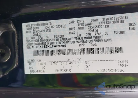 2020 Ford F-150 Xl из США, поврежденный, VIN 1FTFX1E5XLFA69294